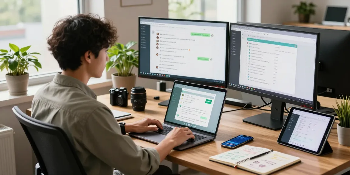 Professional using WhatsApp網頁版 on a laptop in a vibrant office setting with dual monitors.