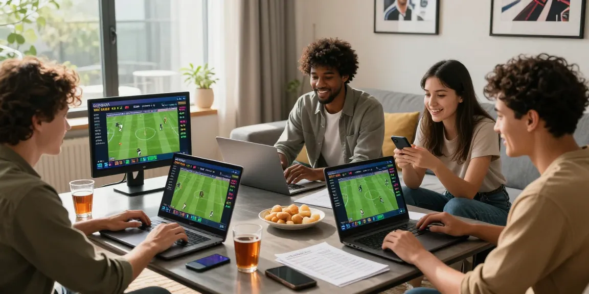 Engaged players strategizing with Agen Parlay Idngoal betting slips and laptops in a lively living room.