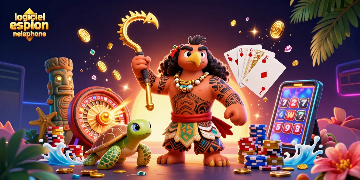 Une scène captivante avec "logiciel espion téléphone" présente un dieu maui en 3D, des pièces d'or et un rouleau de casino.