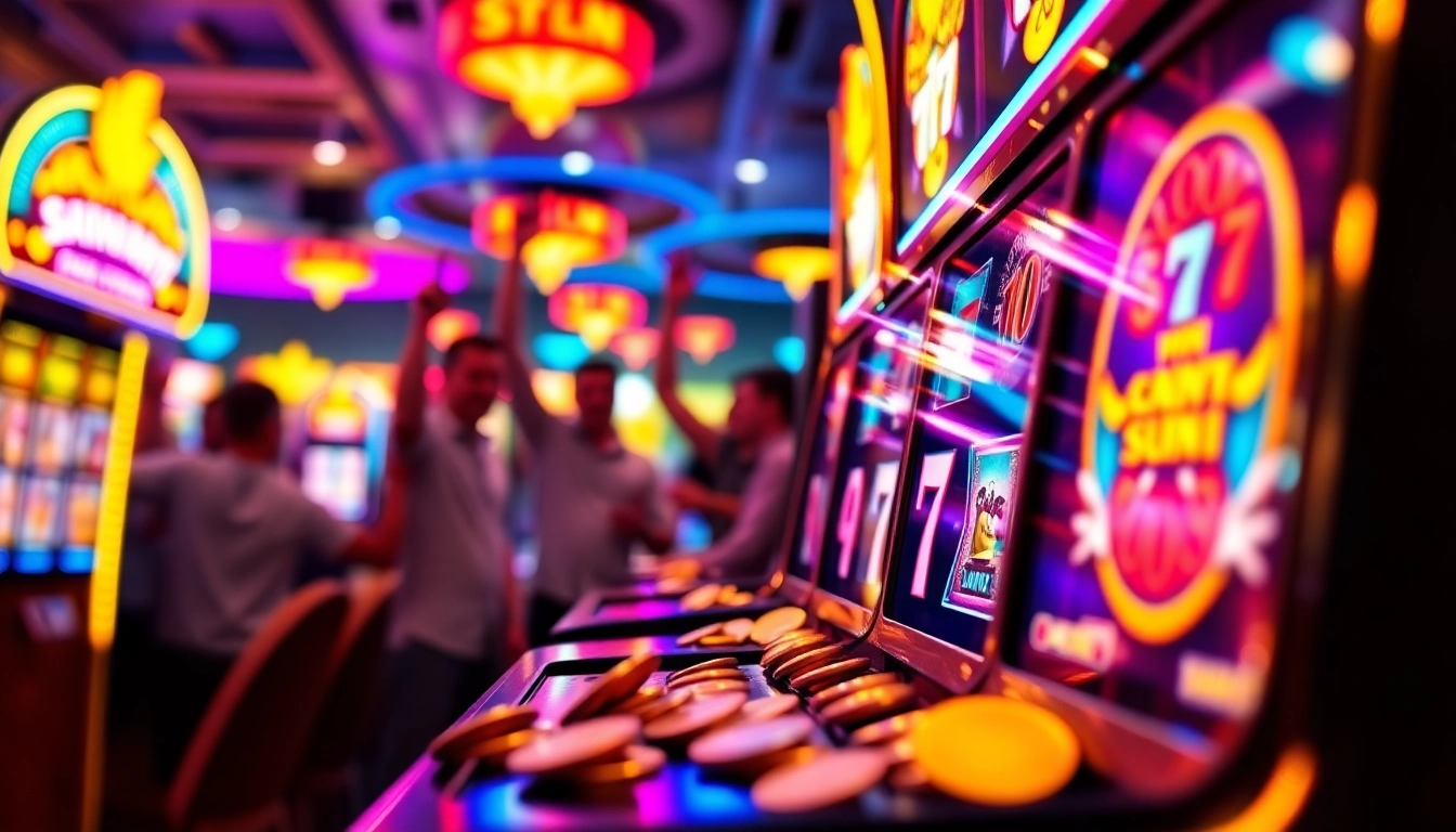 Menangkan jackpot slot777 dengan suasana ceria dan mesin slot berkilauan.