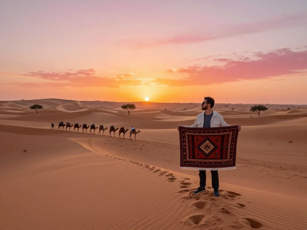 Inspiring sunset view in the Sahara Desert featuring a traveler and camel caravan by leading Morocco tour company.