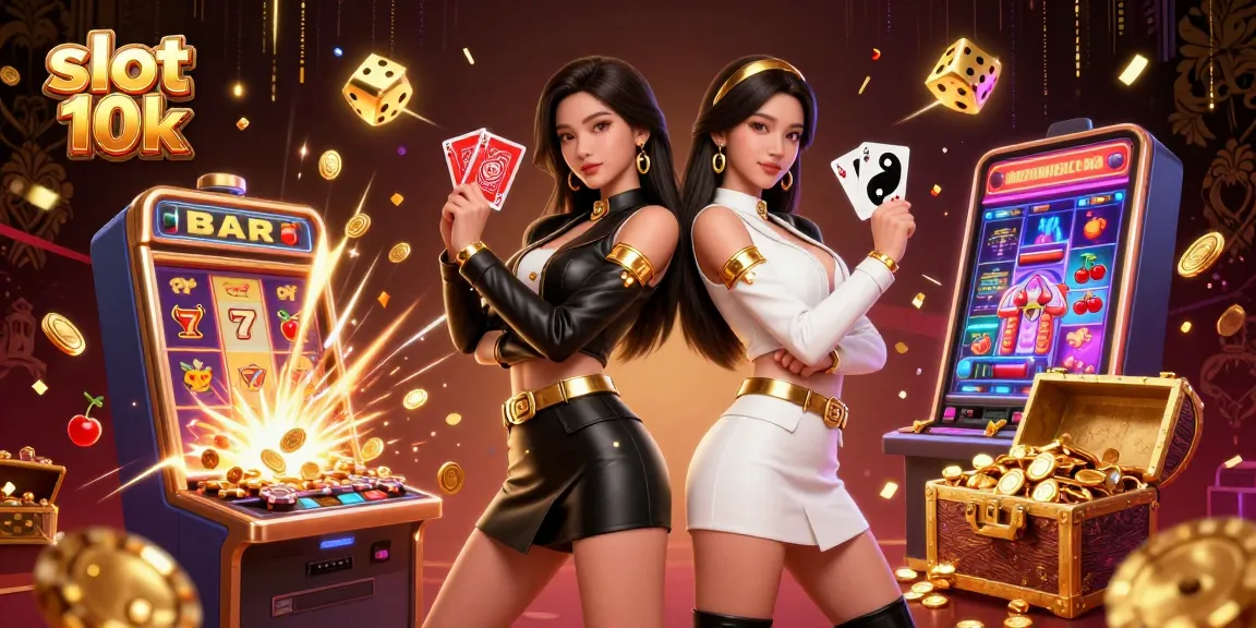 Win big with slot 10k as twin characters hold cards surrounded by explosive casino action.