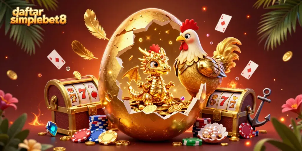 Engage in gaming action at daftar simplebet8 surrounded by golden treasures and vibrant casino elements.