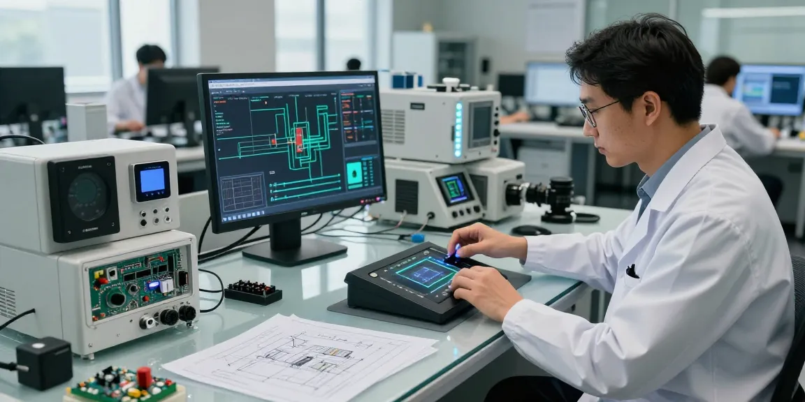 Engineer testing a capacitive switch in a modern tech workshop.