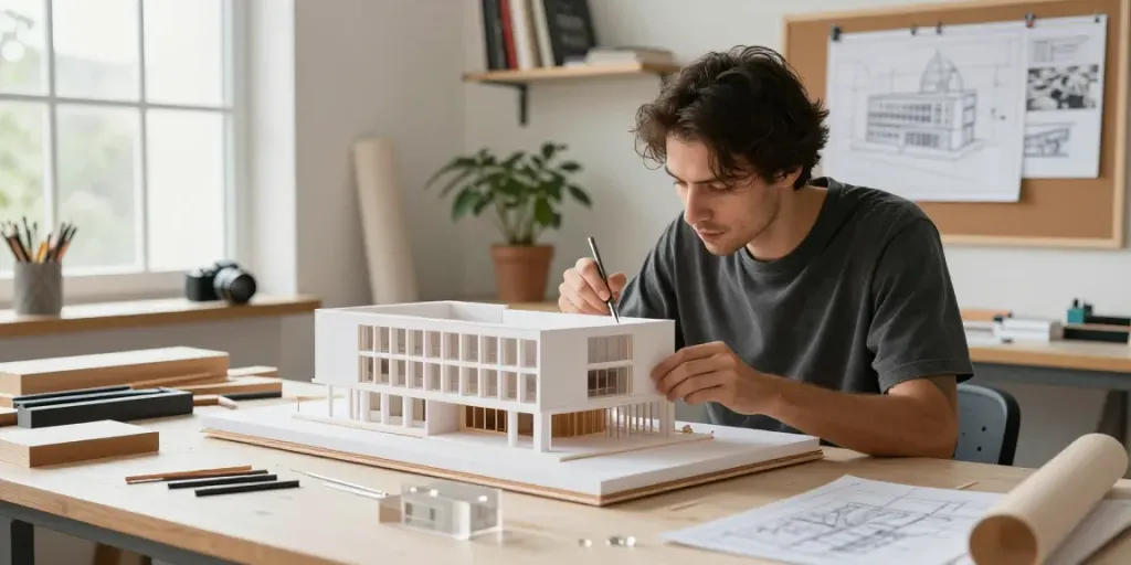 Crafting a detailed architectural model by an expert Architectural model maker Italy in a bright studio.