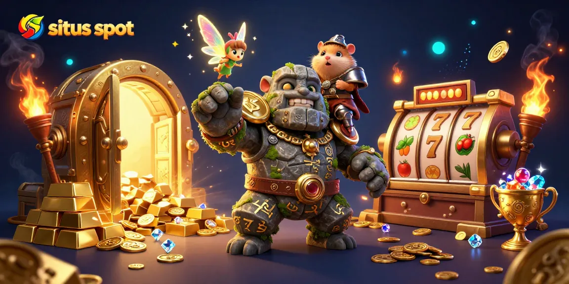 Gulung slot dengan bintang keberuntungan di situs slot yang memikat, terisi dengan harta berkilauan.