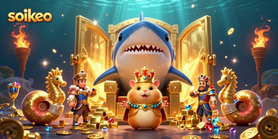 Engage in soikeo strategies with dynamic cartoon characters amid gold and jewels, showcasing casino excitement.