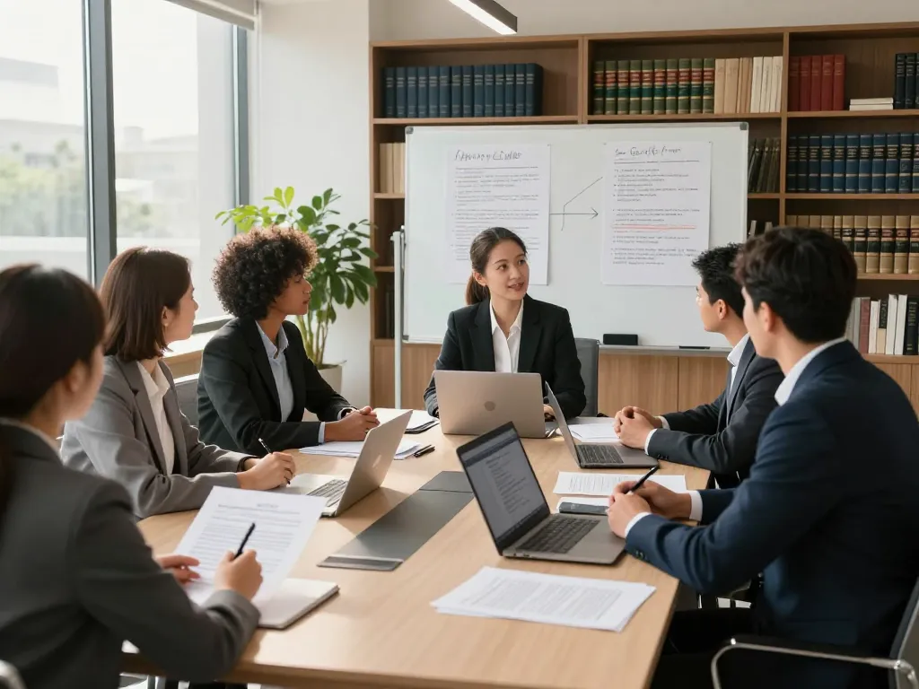 USA lawyers collaborating in a professional law office setting, discussing strategies around a conference table.