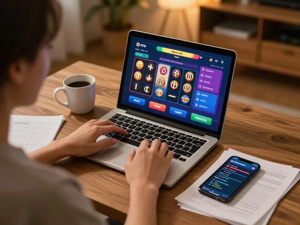 Engaging in situs slot game at home with strategic notes and warm ambiance