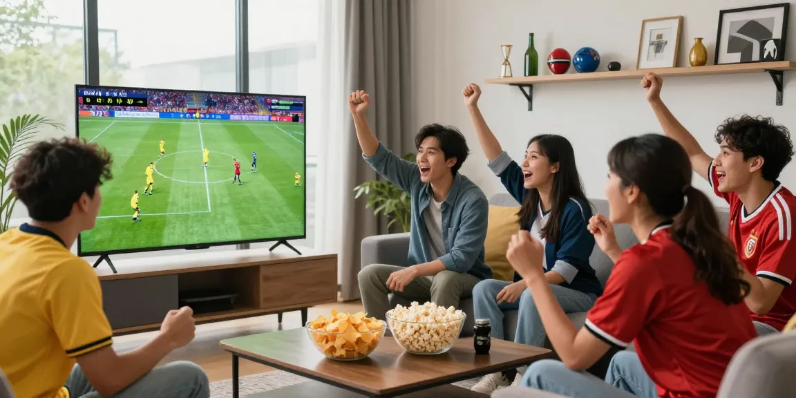 Friends enjoying kora tv live sports in a modern living room with snacks and jerseys.