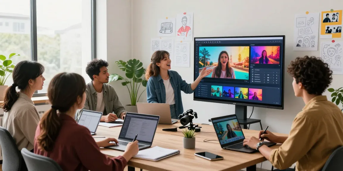 Video creators collaborating on Seedance AI in a modern workspace, showcasing vibrant AI-generated video examples.
