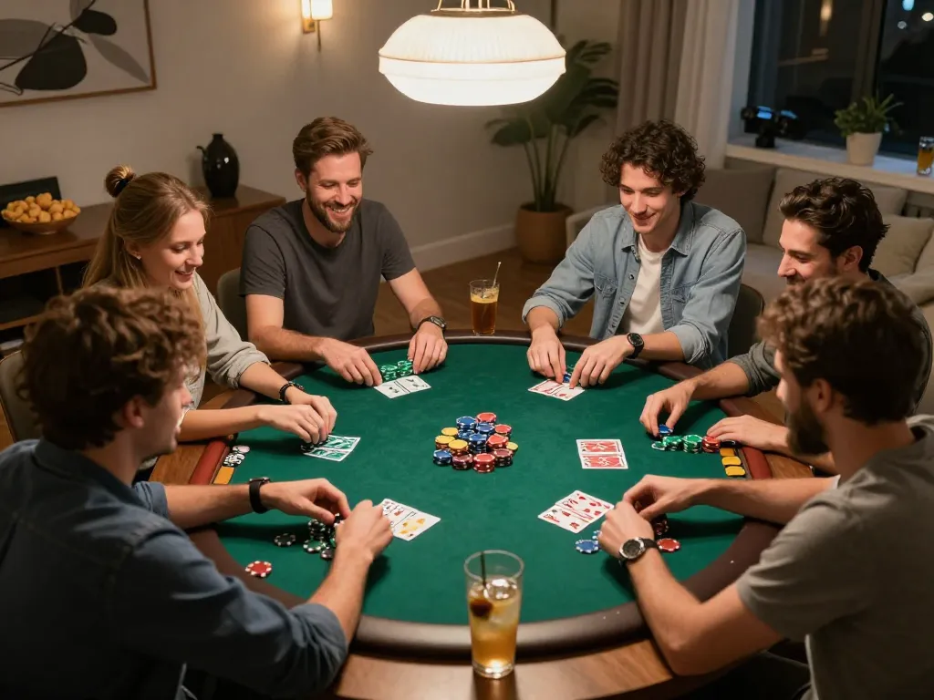 Friends enjoying a poker game in their cozy home while discussing online casinos in Canada.