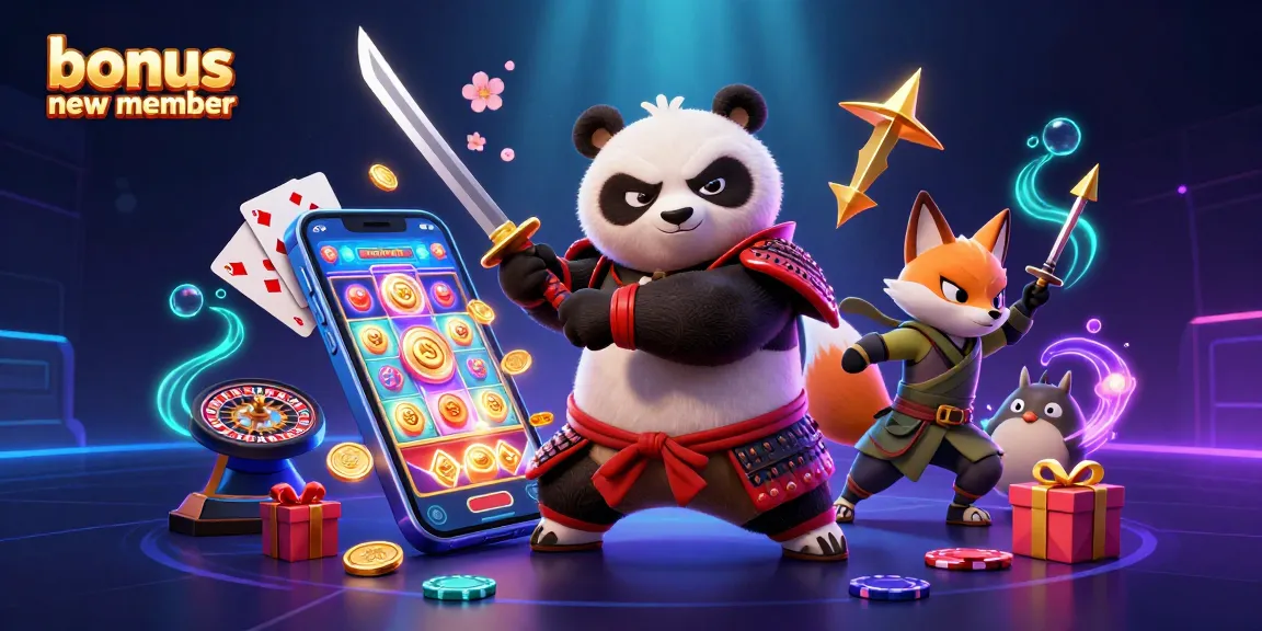 Bonus new member captivating slot game scene with a fierce samurai panda, ninja fox, and spirit tanuki.