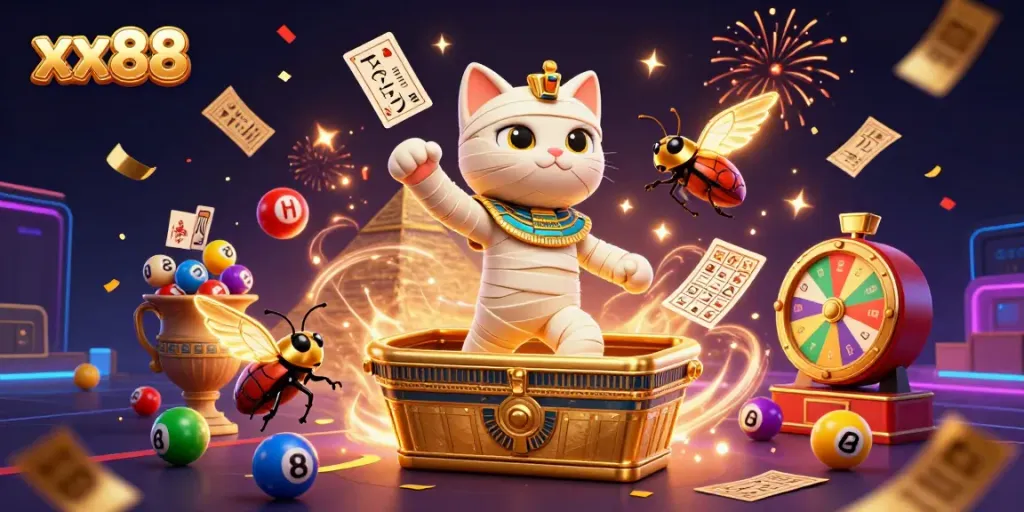 Experience exciting gameplay with the xx88 brand featuring a mummy cat and casino elements.