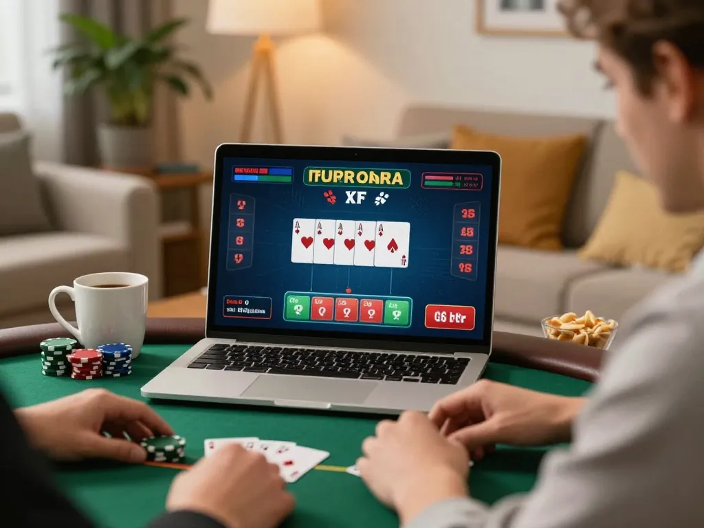 Muraibet poker player focused on laptop interface, showcasing immersive online gaming experience.