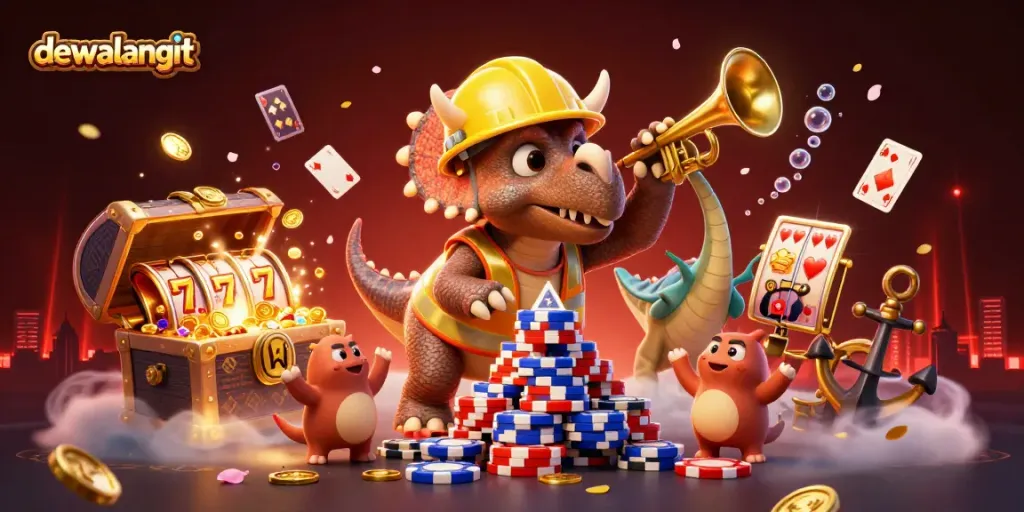 Membangun tumpukan chip poker yang mengesankan di dewalangit dengan pemandangan penuh warna dan elemen game yang menarik.