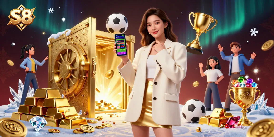 Engage in thrilling sports betting with S8 as a vibrant Asian woman showcases the latest betting app and golden trophies.