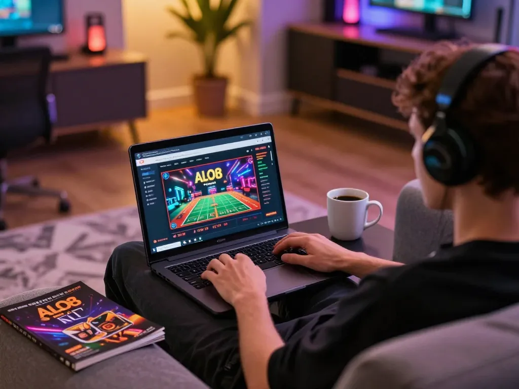 Engaged player using ALO8 online casino interface on a laptop in a cozy living room setup