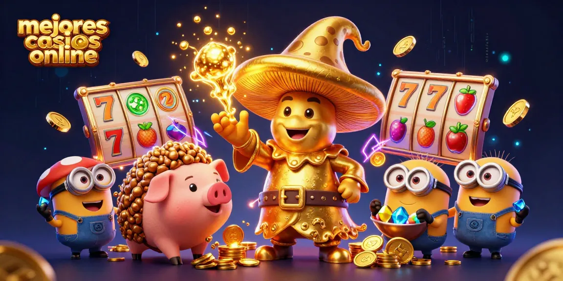 Imágenes de mejores casinos online con un mago de hongos dorados y tragamonedas girando en un fondo mágico.