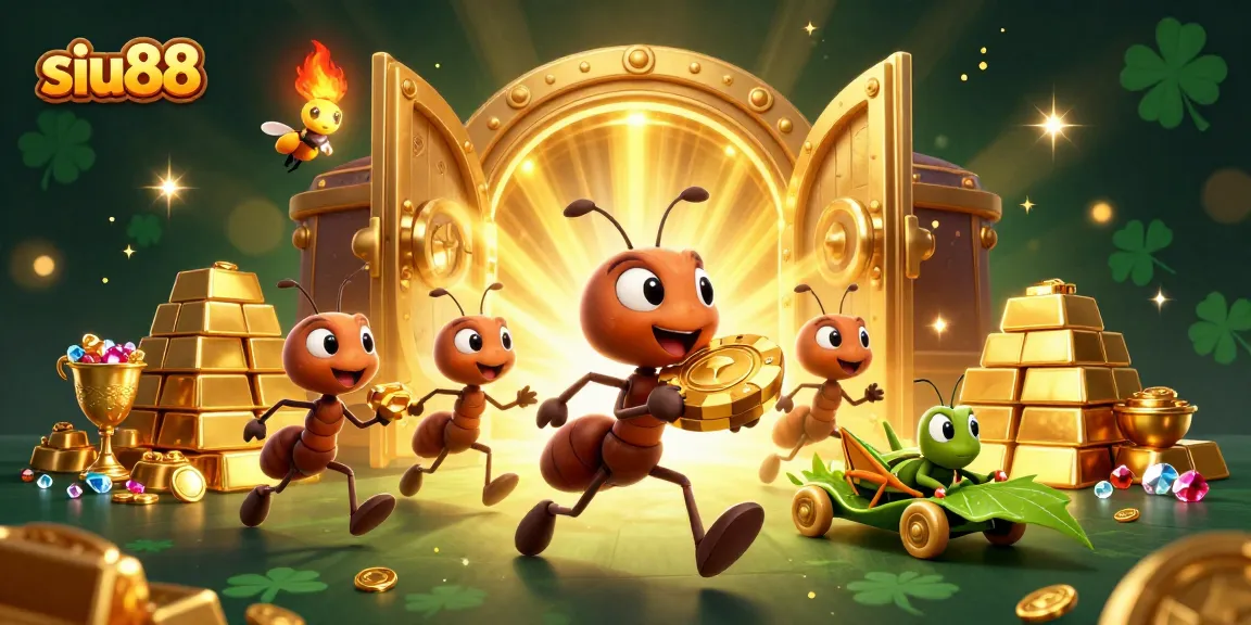 Siu88 highlights a heist scene with ants carrying a giant poker chip and gold treasures in a vibrant, animated casino environment.