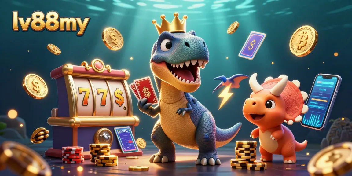 Engage with lv88my casino excitement as a friendly T-Rex shuffles cards, surrounded by jackpot symbols and vibrant crypto elements.