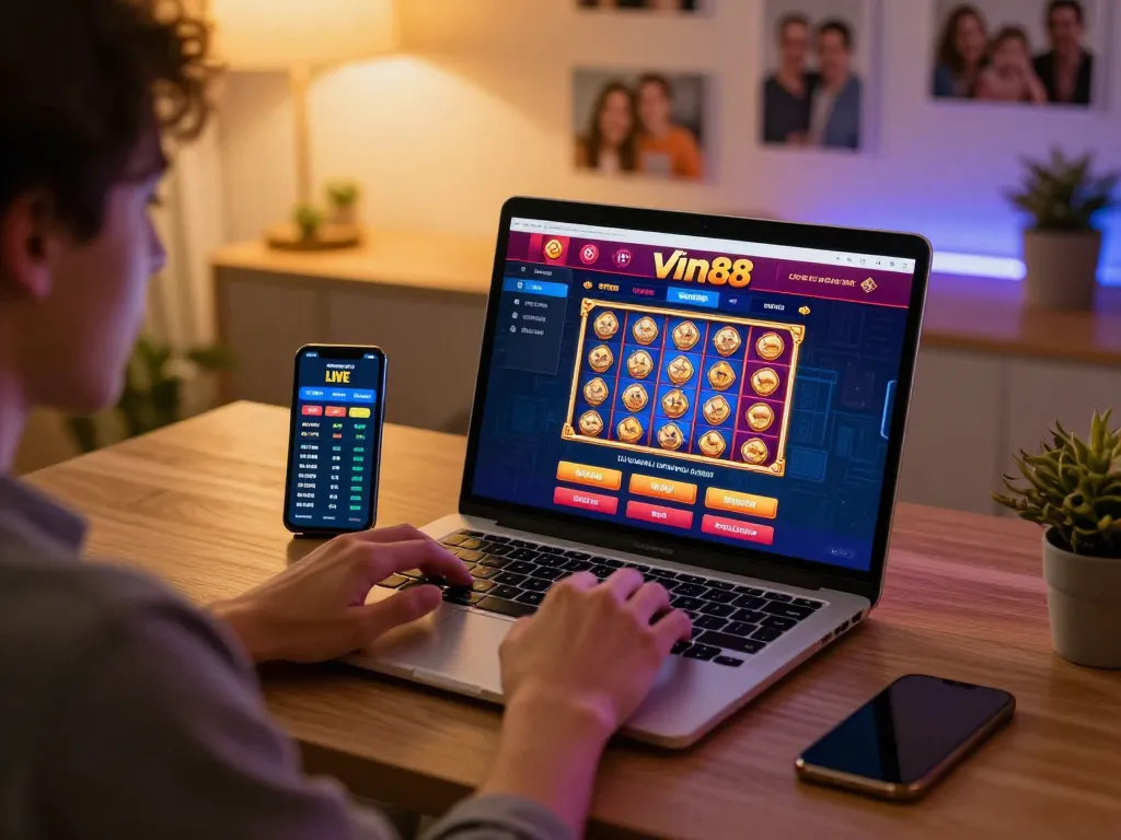 Enjoying vin88's exciting slot games on a laptop in a cozy home setting, showcasing responsible gaming.