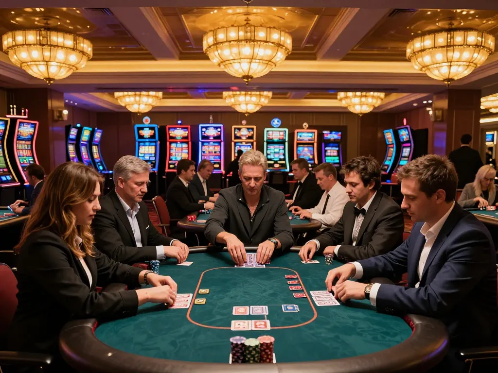Players engage at rokok88 slot tables, showcasing thrilling moments and strategic gameplay in a luxury casino.