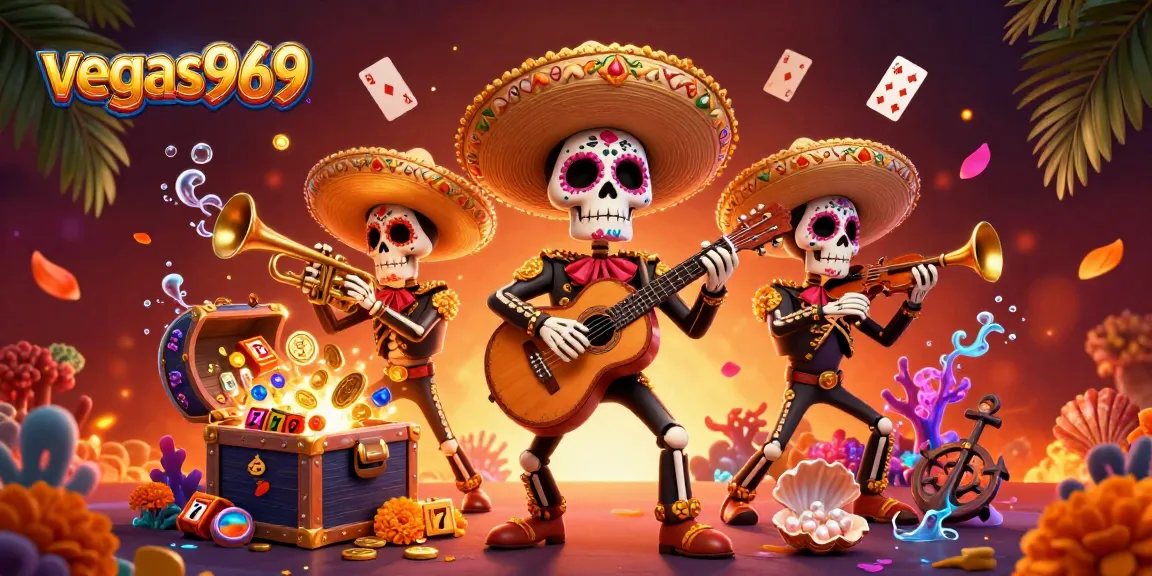 Engage in vibrant gameplay at vegas969 with a lively mariachi band surrounded by treasure and slot symbols.