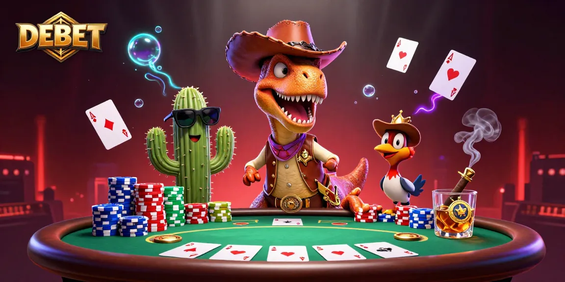 Engage in thrilling DEBET poker action with a vibrant T-Rex, cactus, and roadrunner scene.