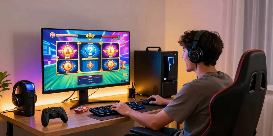 Player experiencing excitement in a slot depo 1k game at home, vibrant gaming setup.