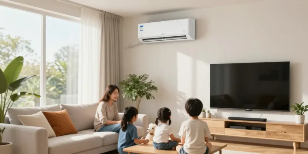 Family enjoying comfort with a mini split 18000 btu air conditioner in a stylish living room.