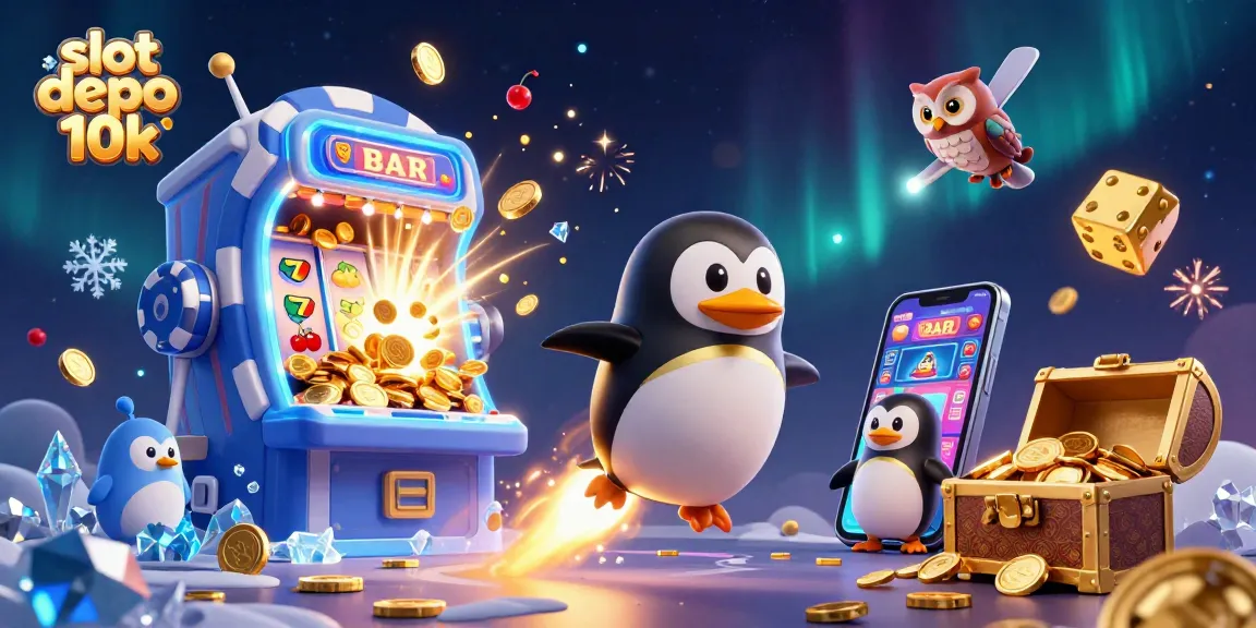 Play slot depo 10k and experience the thrill of a jackpot explosion in this vibrant casino illustration.