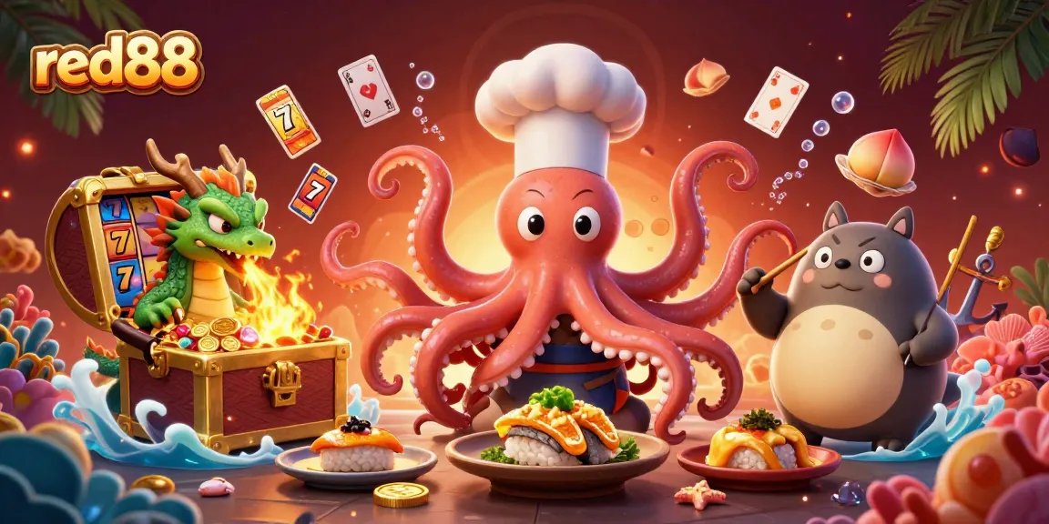 Experience red88's vibrant casino atmosphere with an octopus chef and more in a rich 3D illustration.