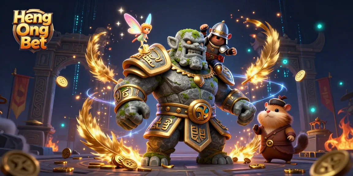 Engage with Heng Ong Bet in a vibrant, casino-themed scene featuring a magical golem guardian, fairy, and hamster knight.