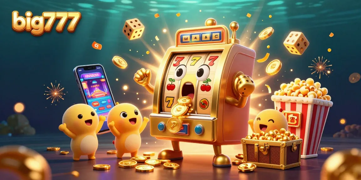 Celebrate wins with big777 as a golden slot machine hits a jackpot, showering coins from its mouth.