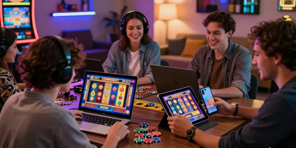 Players enjoying slot games on various devices in a vibrant online casino atmosphere.