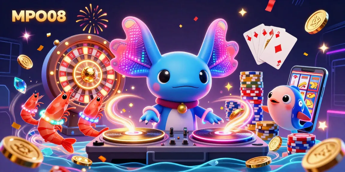 MPO08 showcases a vibrant casino scene with a neon-colored axolotl DJ spinning records amidst flying coins and playing cards.