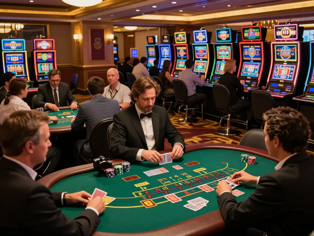 Engaged players at TT88 blackjack tables discussing strategies during an exciting casino evening.
