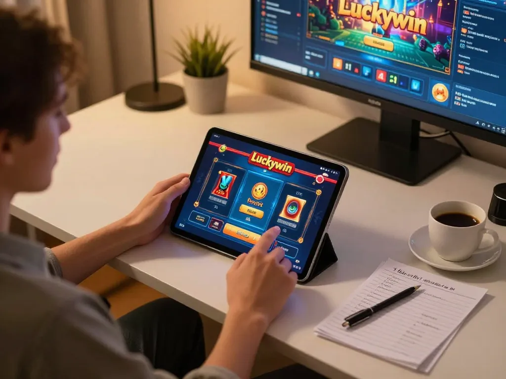 Giao lưu với ứng dụng casino Luckywin trên một bàn làm việc phong cách, thể hiện sự phấn khích trong trò chơi trực tuyến.