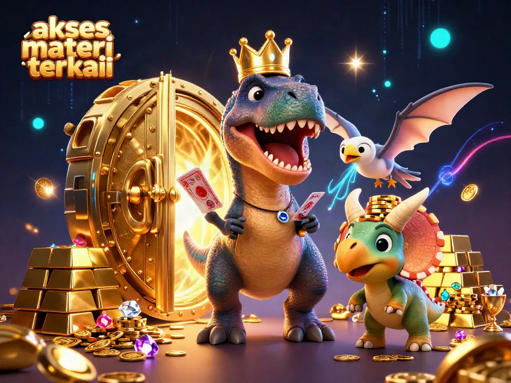 Akses materi terkait dengan ilustrasi slot yang menampilkan karakter dino ceria melakukan permainan kartu dan perjudian