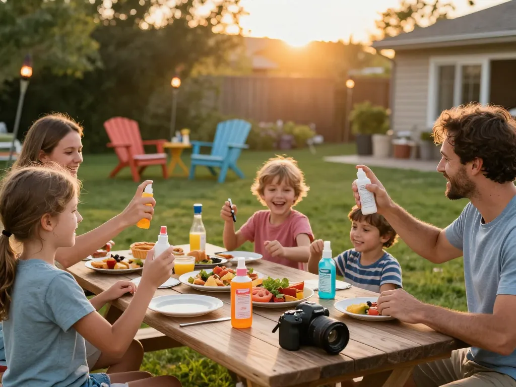 Family applying the Best Mosquito Repellent during a summer barbecue in their backyard.