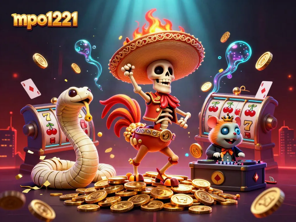 Engage with mpo1221 as a vibrant casino scene showcases a dancing rooster and dynamic slot elements.