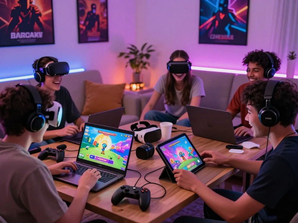 Gamers enjoying vibrant porngames in a cozy living room with interactive devices.