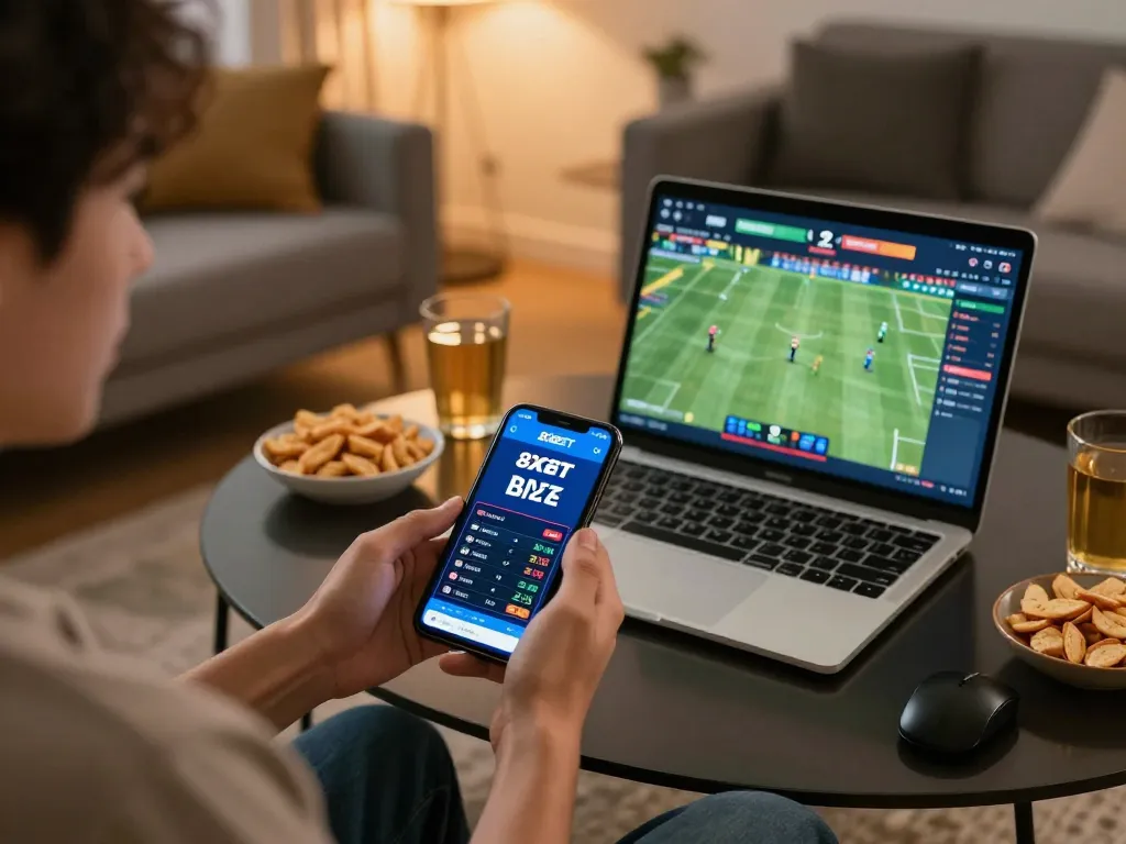 Engage with nhà cái 8xbet app for live sports betting at home, showcasing excitement and strategic play.