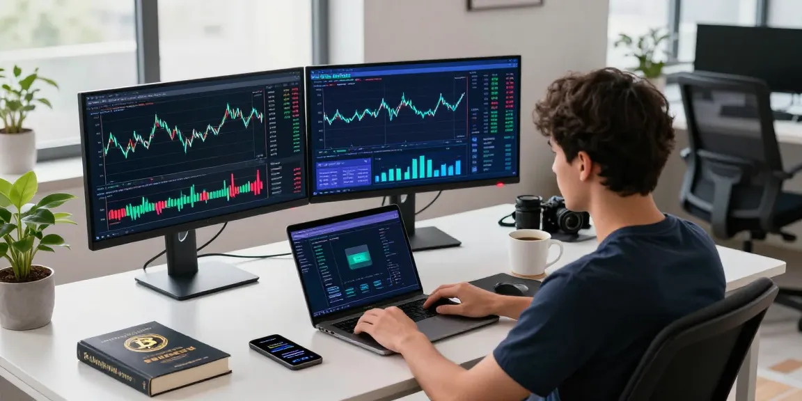 Cricbet trading workspace featuring monitors with cryptocurrency charts and DeFi analytics tools, secure hardware wallet, and digital wallet app on smartphone.