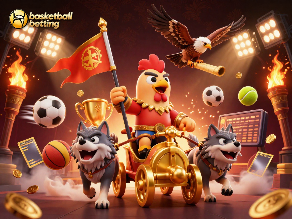 Engage in basketball betting with a dynamic scene featuring a rooster warlord and action-packed sports elements.