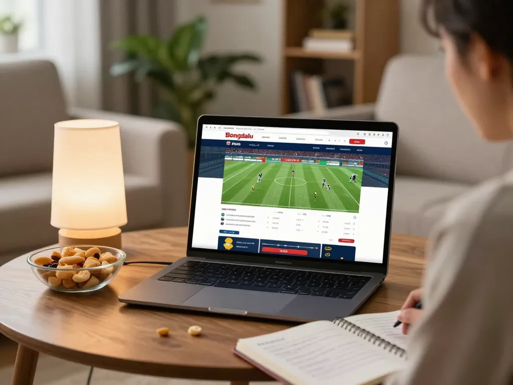 Bongdalu user engaging in online sports betting with laptop showing live scores and statistics.