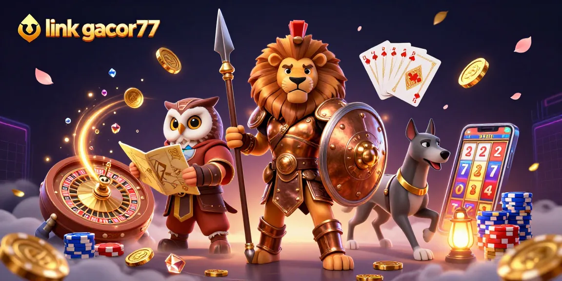 Menggandakan kesenangan dengan link gacor77, slot yang menguntungkan dan simbol keberuntungan mengelilingi karakter 3D.