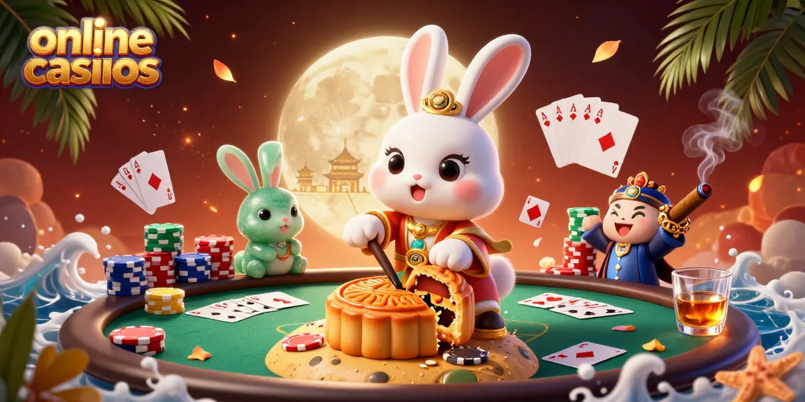 Experience the excitement of online casinos with a moon rabbit themed casino scene.