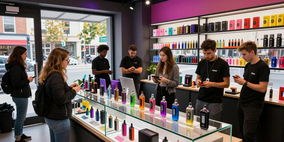 Customers exploring the latest 電子菸主機 in a modern vape shop environment.